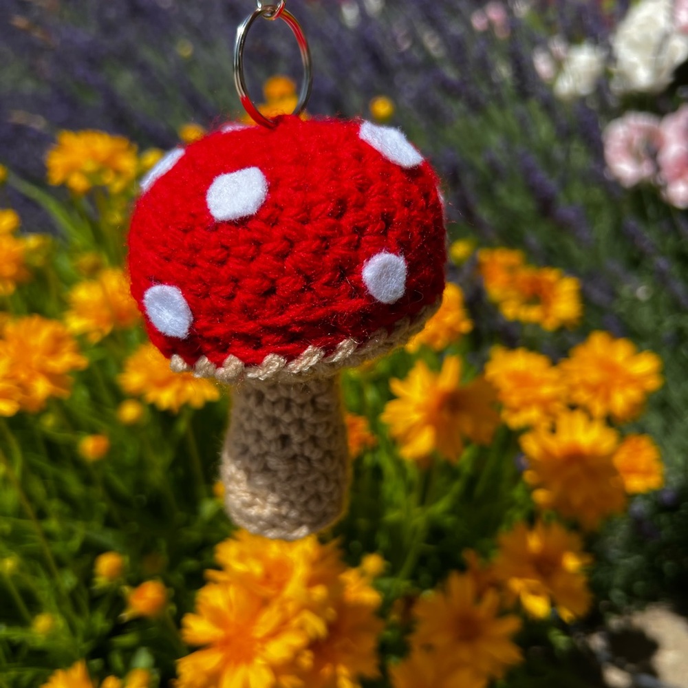 3/$20 Hand Crocheted Whimsical Red Mushroom Bag Charm Keychain! - Picture 10 of 11